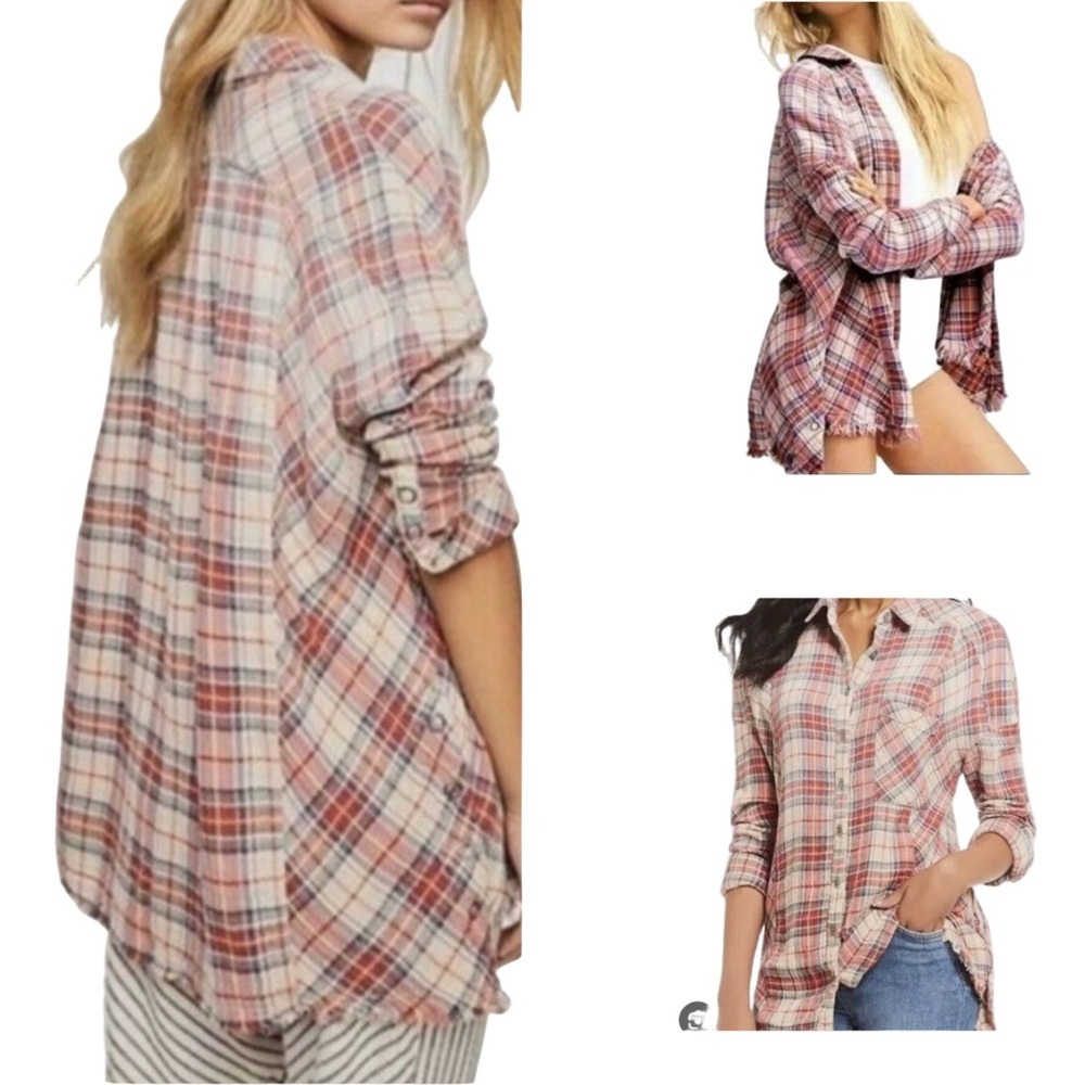 Free People Juniper Ridge Plaid Cotton Shirt Shacket Small Raw Hem Relaxed Fit